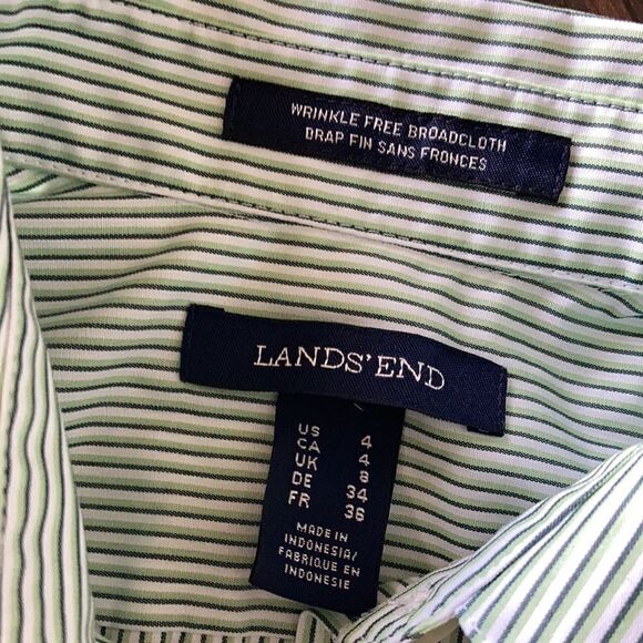 NEW Lands’ End ⛵️ Green White Black Striped Button Down Wrinkle Free Blouse - Picture 4 of 7